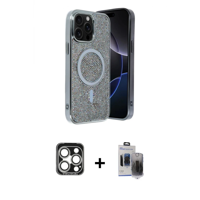ieg™ iPhone 15 Pro Max Kılıf Eksen Çizgi - Siyah Vanessa Magic Hayalet Cam + PVD Metal Kamera Lens - GS