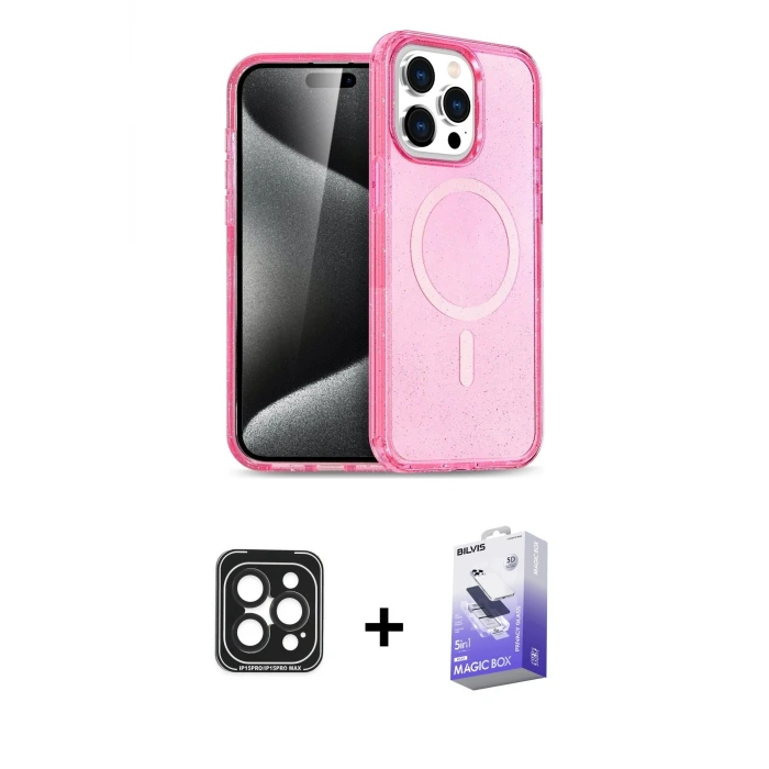 ieg™ iPhone 15 Pro Max Kılıf Eksen Doku Koleksiyonu - Siyah Bilvis 5in1 5D Magic Hayalet Cam Ekran Koruyucu + PVD Metal Kamera Lens - SH