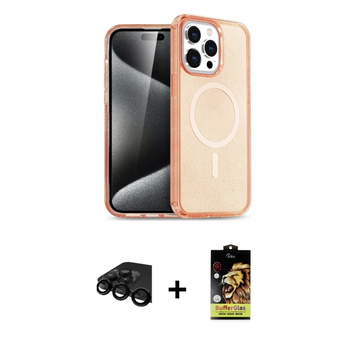 ieg™ iPhone 15 Pro Max Kılıf Eksen Doku Koleksiyonu - Siyah Buffer Cam Ekran Koruyucu + Raze Metal Kamera Lens - SH