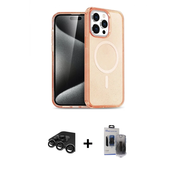 ieg™ iPhone 15 Pro Max Kılıf Eksen Doku Koleksiyonu - Siyah Vanessa Magic Hayalet Cam + Raze Metal Kamera Lens - TMGI