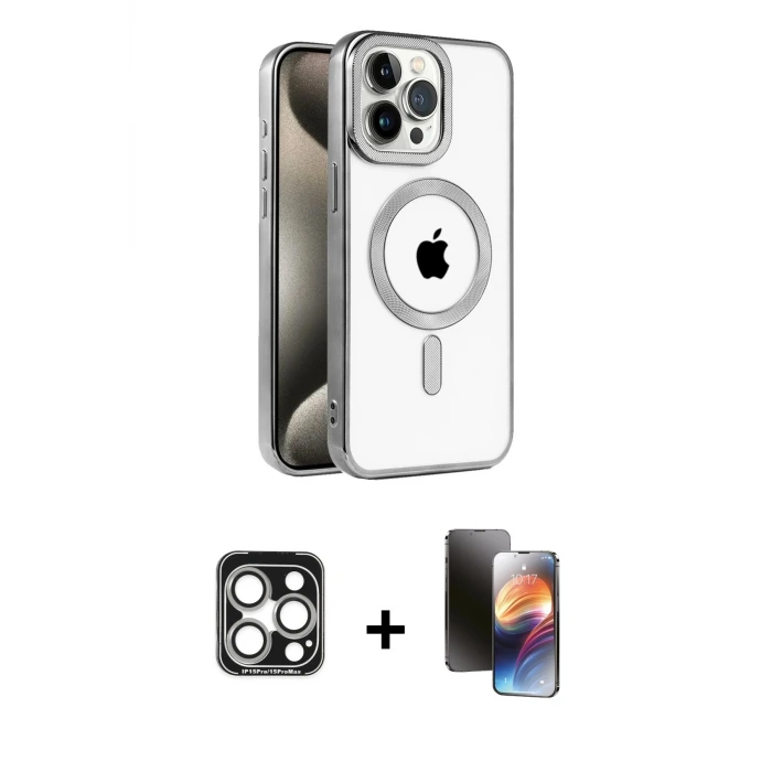 ieg™ iPhone 15 Pro Max Kılıf Eksen Form Koleksiyonu - Siyah 3D Antistatik Mat Seramik Nano Ekran Koruyucu + PVD Metal Kamera Lens - GS
