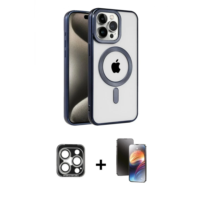 ieg™ iPhone 15 Pro Max Kılıf Eksen Form Koleksiyonu - Siyah 3D Antistatik Mat Seramik Nano Ekran Koruyucu + PVD Metal Kamera Lens - GS
