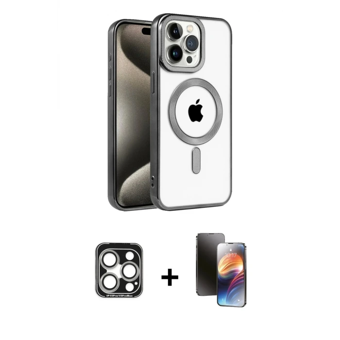 ieg™ iPhone 15 Pro Max Kılıf Eksen Form Koleksiyonu - Siyah 3D Antistatik Mat Seramik Nano Ekran Koruyucu + PVD Metal Kamera Lens - GS