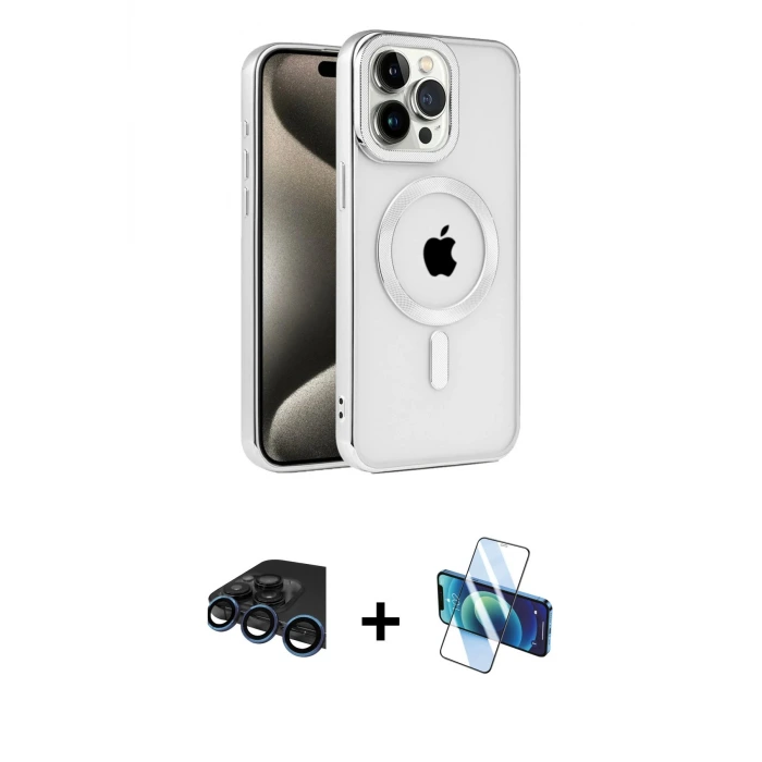 ieg™ iPhone 15 Pro Max Kılıf Eksen Form Koleksiyonu - Siyah 3D Antistatik Seramik Nano Ekran Koruyucu + Raze Metal Kamera Lens - LT