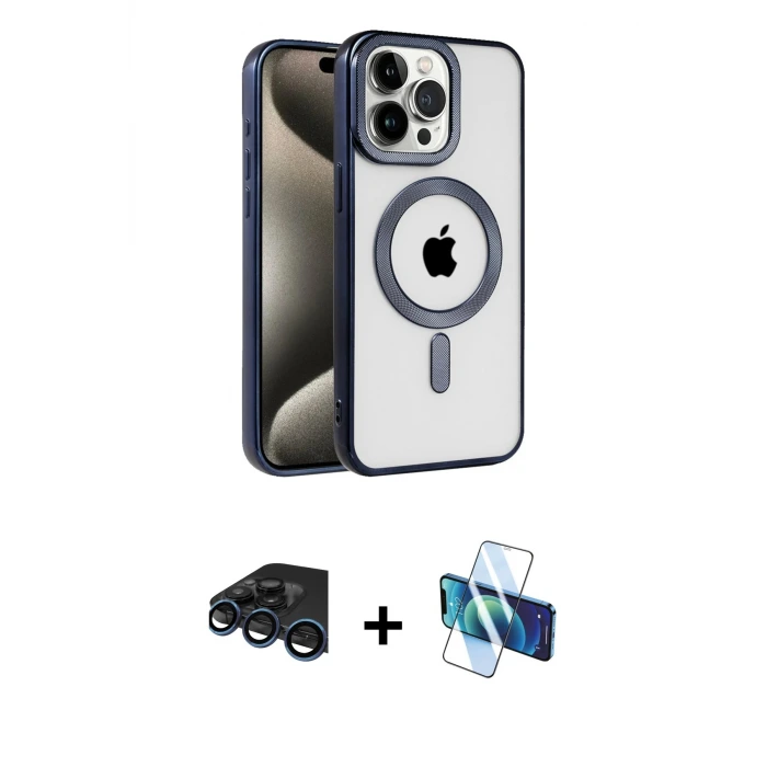 ieg™ iPhone 15 Pro Max Kılıf Eksen Form Koleksiyonu - Siyah 3D Antistatik Seramik Nano Ekran Koruyucu + Raze Metal Kamera Lens - LT
