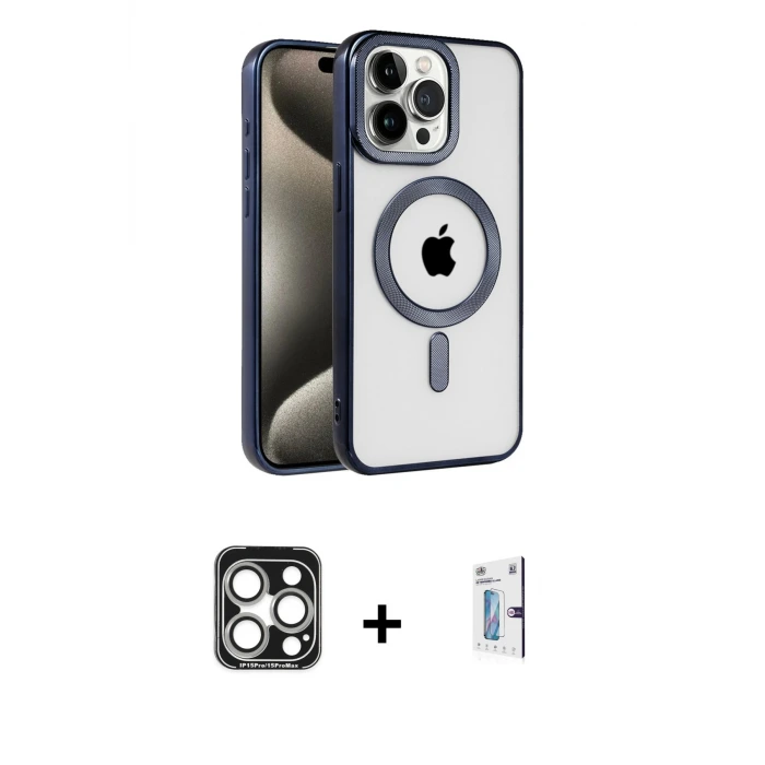 ieg™ iPhone 15 Pro Max Kılıf Eksen Form Koleksiyonu - Siyah Bilvis 0.18mm Plus Cam Ekran Koruyucu + PVD Metal Kamera Lens - GS