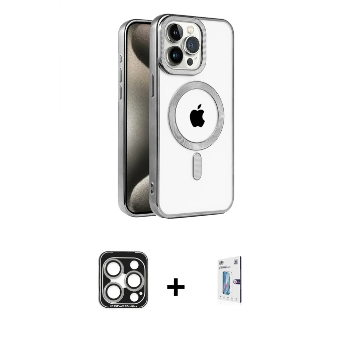 ieg™ iPhone 15 Pro Max Kılıf Eksen Form Koleksiyonu - Siyah Bilvis 0.18mm Plus Cam Ekran Koruyucu + PVD Metal Kamera Lens - GS