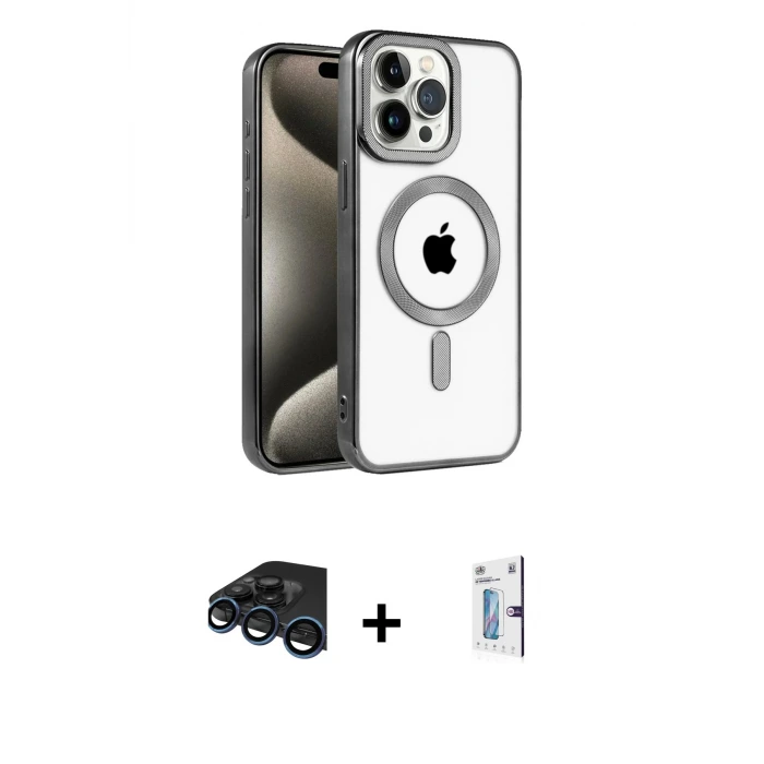 ieg™ iPhone 15 Pro Max Kılıf Eksen Form Koleksiyonu - Siyah Bilvis 0.18mm Plus Cam Ekran Koruyucu + Raze Metal Kamera Lens - LT