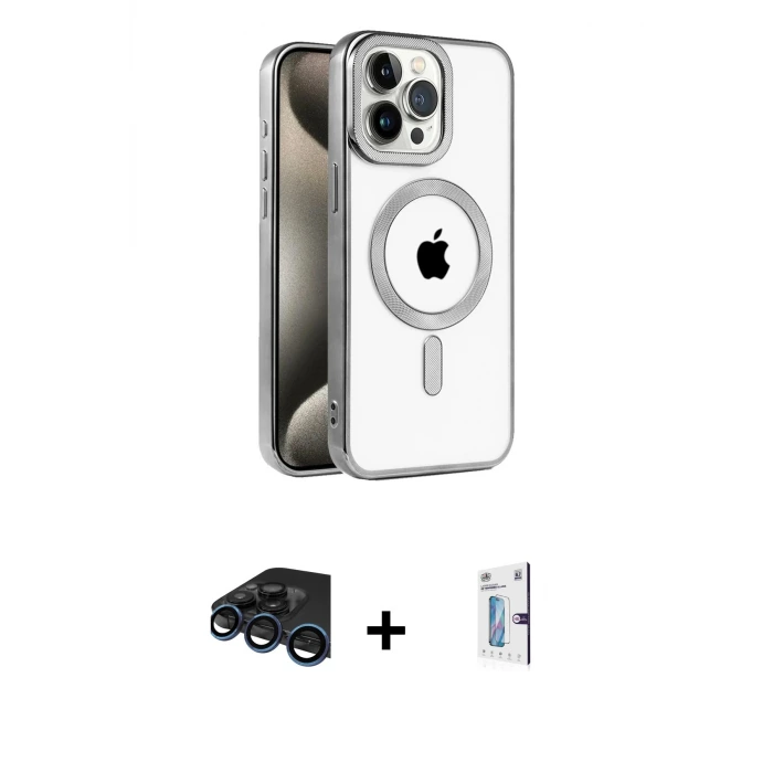 ieg™ iPhone 15 Pro Max Kılıf Eksen Form Koleksiyonu - Siyah Bilvis 0.18mm Plus Cam Ekran Koruyucu + Raze Metal Kamera Lens - LT