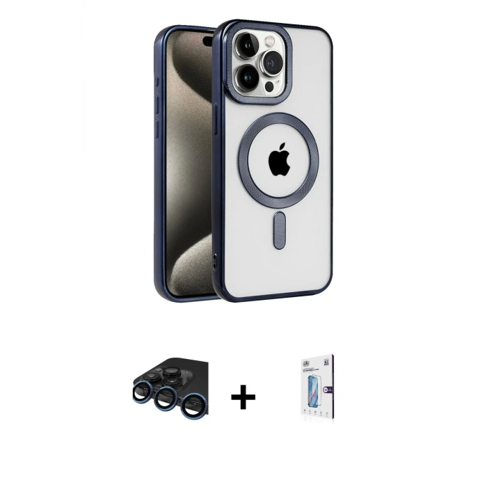ieg™ iPhone 15 Pro Max Kılıf Eksen Form Koleksiyonu - Siyah Bilvis 0.18mm Plus Cam Ekran Koruyucu + Raze Metal Kamera Lens - LT