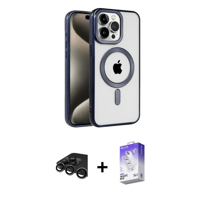 ieg™ iPhone 15 Pro Max Kılıf Eksen Form Koleksiyonu - Siyah Bilvis 5in1 3D Magic Cam Ekran Koruyucu + Raze Metal Kamera Lens - TMGI