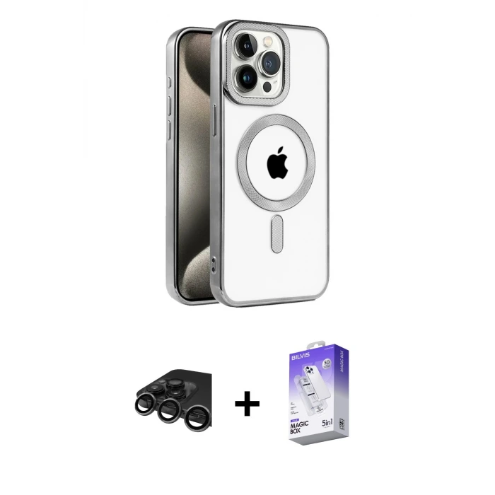 ieg™ iPhone 15 Pro Max Kılıf Eksen Form Koleksiyonu - Siyah Bilvis 5in1 3D Magic Cam Ekran Koruyucu + Raze Metal Kamera Lens - TMGI