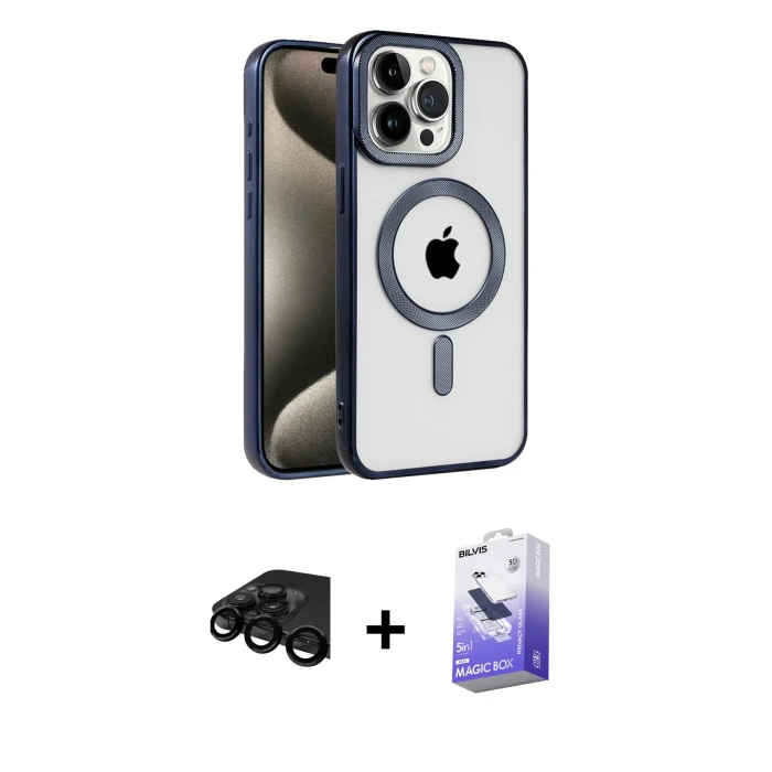ieg™ iPhone 15 Pro Max Kılıf Eksen Form Koleksiyonu - Siyah Bilvis 5in1 5D Magic Hayalet Cam Ekran Koruyucu + Raze Metal Kamera Lens - SH