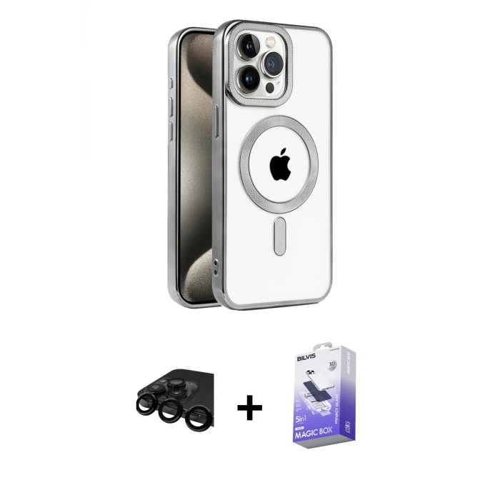 ieg™ iPhone 15 Pro Max Kılıf Eksen Form Koleksiyonu - Siyah Bilvis 5in1 5D Magic Hayalet Cam Ekran Koruyucu + Raze Metal Kamera Lens - SH