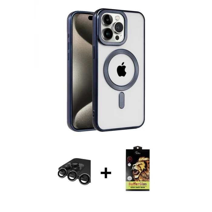 ieg™ iPhone 15 Pro Max Kılıf Eksen Form Koleksiyonu - Siyah Buffer Cam Ekran Koruyucu + Raze Metal Kamera Lens - TMGI