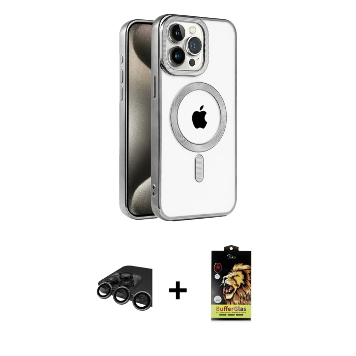 ieg™ iPhone 15 Pro Max Kılıf Eksen Form Koleksiyonu - Siyah Buffer Cam Ekran Koruyucu + Raze Metal Kamera Lens - TMGI