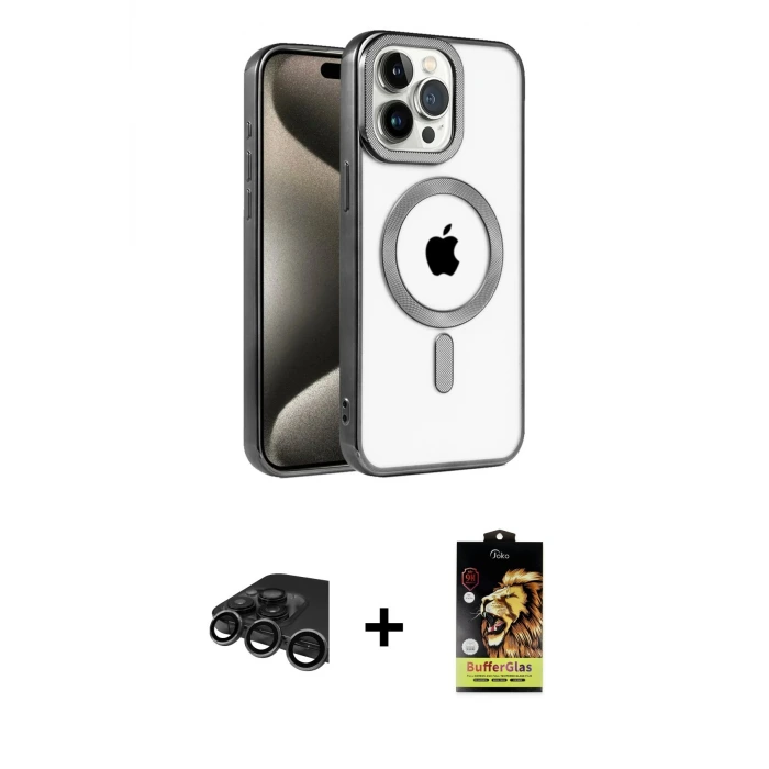 ieg™ iPhone 15 Pro Max Kılıf Eksen Form Koleksiyonu - Siyah Buffer Cam Ekran Koruyucu + Raze Metal Kamera Lens - TMGI