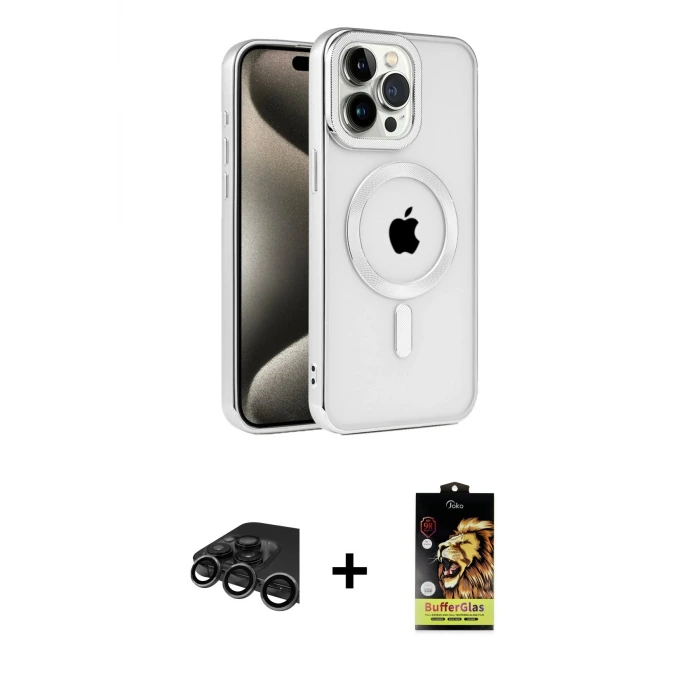 ieg™ iPhone 15 Pro Max Kılıf Eksen Form Koleksiyonu - Siyah Buffer Cam Ekran Koruyucu + Raze Metal Kamera Lens - TMGI