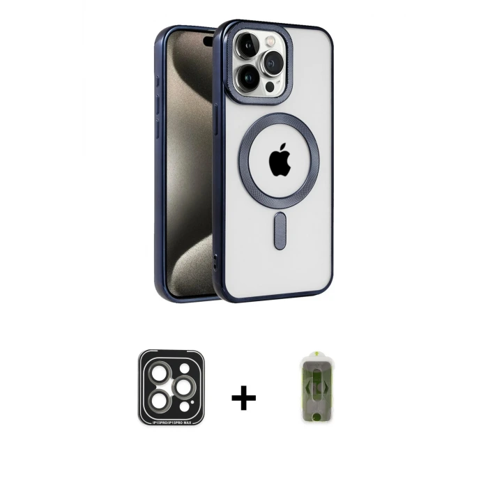 ieg™ iPhone 15 Pro Max Kılıf Eksen Form Koleksiyonu - Siyah Joko Magic 5D Hayalet Cam + PVD Metal Kamera Lens - GI