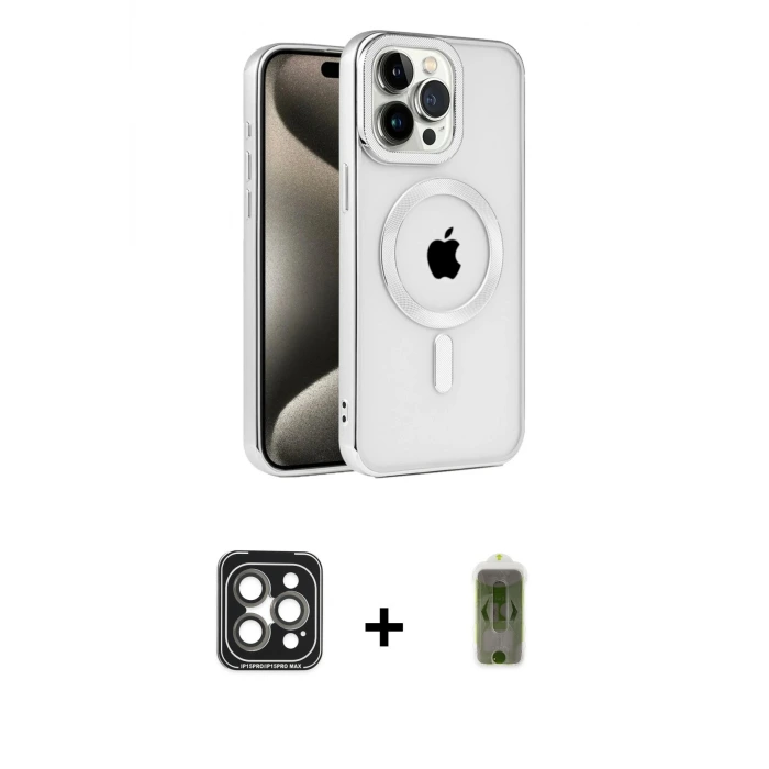 ieg™ iPhone 15 Pro Max Kılıf Eksen Form Koleksiyonu - Siyah Joko Magic 5D Hayalet Cam + PVD Metal Kamera Lens - GI