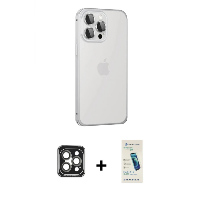 ieg™ iPhone 15 Pro Max Kılıf Eksen Form Serisi - Şeffaf Pasifik Cam Ekran Koruyucu + PVD Metal Kamera Lens - GI