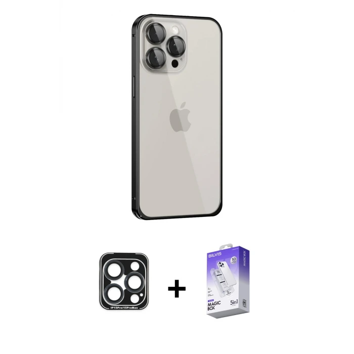ieg™ iPhone 15 Pro Max Kılıf Eksen Form Serisi - Siyah Bilvis 5in1 3D Magic Cam Ekran Koruyucu + PVD Metal Kamera Lens - LT