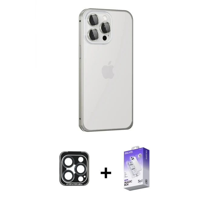 ieg™ iPhone 15 Pro Max Kılıf Eksen Form Serisi - Siyah Bilvis 5in1 3D Magic Cam Ekran Koruyucu + PVD Metal Kamera Lens - LT