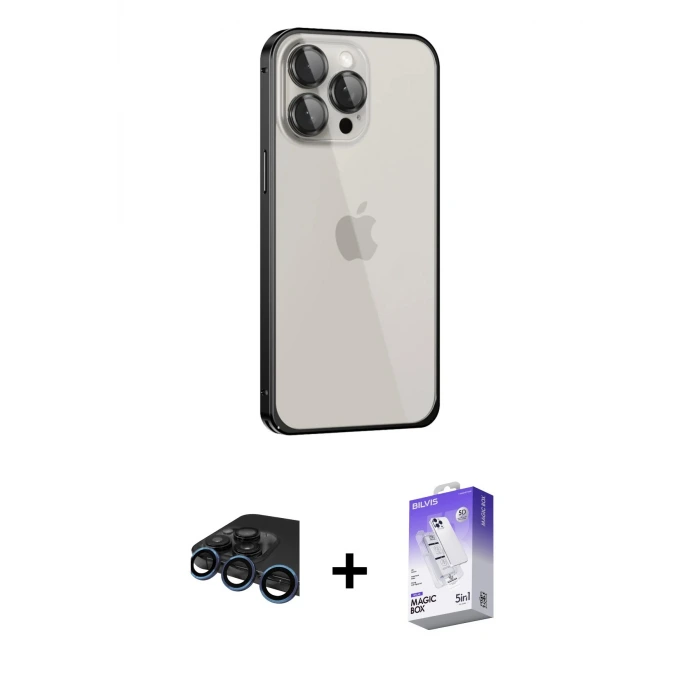 ieg™ iPhone 15 Pro Max Kılıf Eksen Form Serisi - Siyah Bilvis 5in1 3D Magic Cam Ekran Koruyucu + Raze Metal Kamera Lens - LT