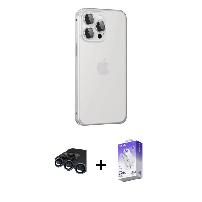 ieg™ iPhone 15 Pro Max Kılıf Eksen Form Serisi - Siyah Bilvis 5in1 3D Magic Cam Ekran Koruyucu + Raze Metal Kamera Lens - LT