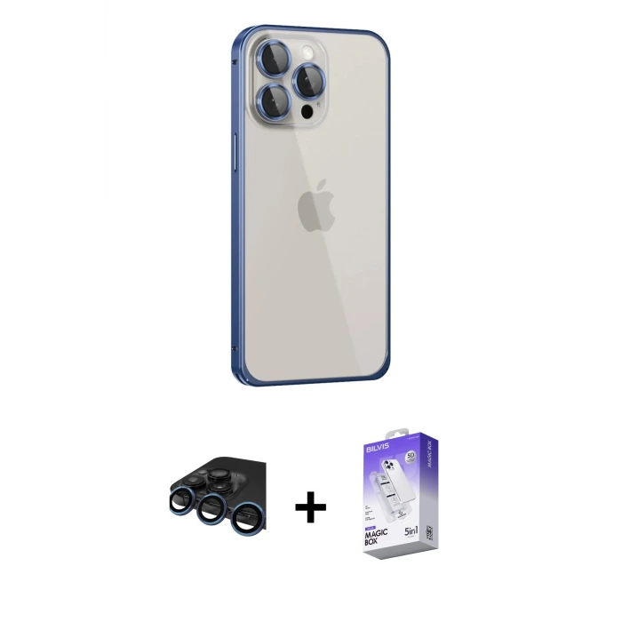 ieg™ iPhone 15 Pro Max Kılıf Eksen Form Serisi - Siyah Bilvis 5in1 3D Magic Cam Ekran Koruyucu + Raze Metal Kamera Lens - LT