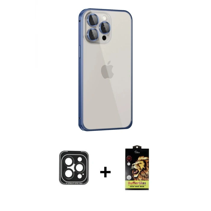 ieg™ iPhone 15 Pro Max Kılıf Eksen Form Serisi - Siyah Buffer Cam Ekran Koruyucu + PVD Metal Kamera Lens - SH