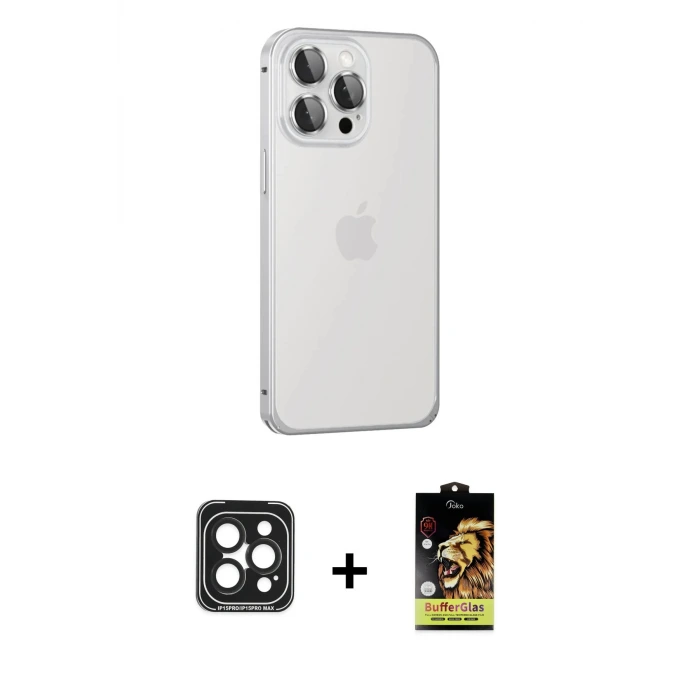 ieg™ iPhone 15 Pro Max Kılıf Eksen Form Serisi - Siyah Buffer Cam Ekran Koruyucu + PVD Metal Kamera Lens - SH