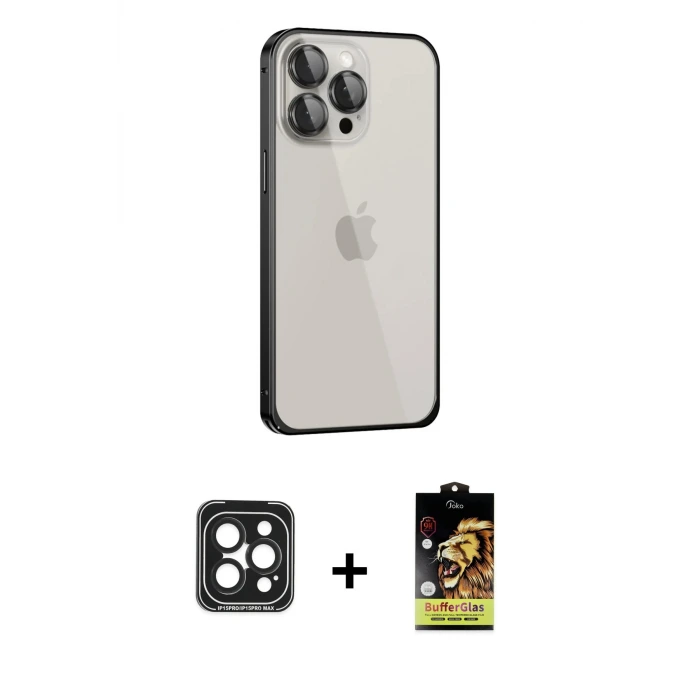 ieg™ iPhone 15 Pro Max Kılıf Eksen Form Serisi - Siyah Buffer Cam Ekran Koruyucu + PVD Metal Kamera Lens - SH