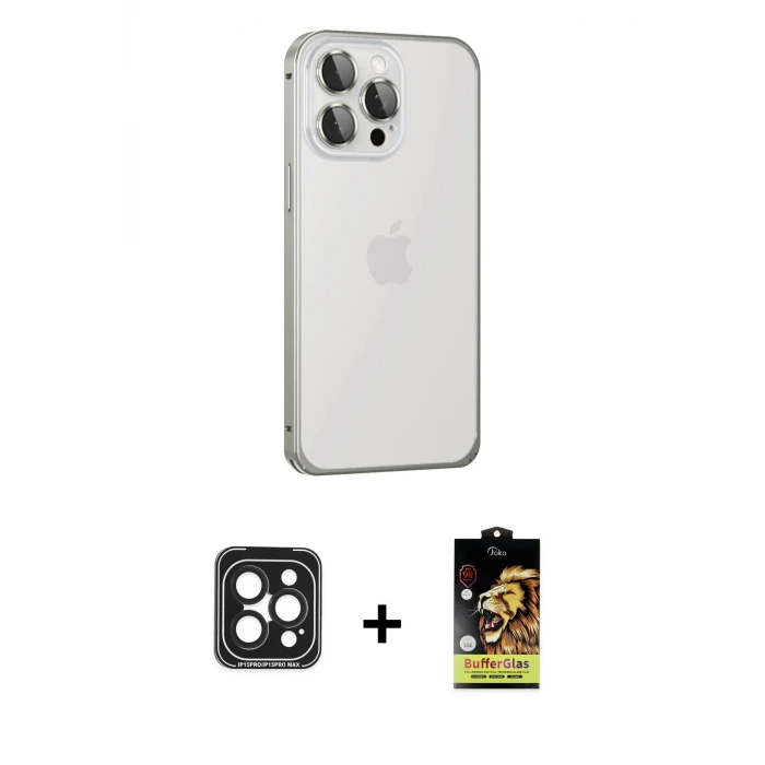 ieg™ iPhone 15 Pro Max Kılıf Eksen Form Serisi - Siyah Buffer Cam Ekran Koruyucu + PVD Metal Kamera Lens - SH