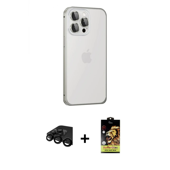 ieg™ iPhone 15 Pro Max Kılıf Eksen Form Serisi - Siyah Buffer Cam Ekran Koruyucu + Raze Metal Kamera Lens - SH