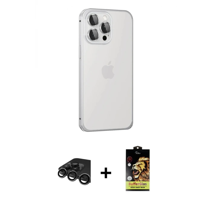 ieg™ iPhone 15 Pro Max Kılıf Eksen Form Serisi - Siyah Buffer Cam Ekran Koruyucu + Raze Metal Kamera Lens - TMGI