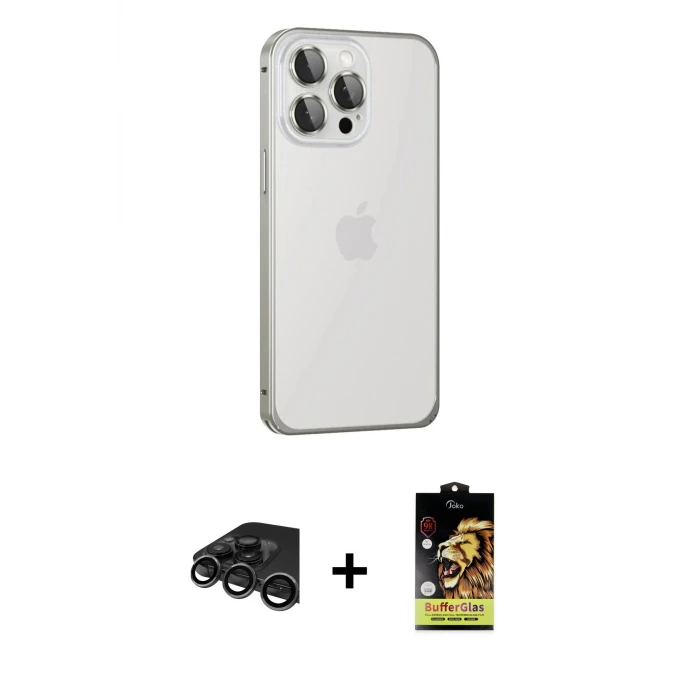 ieg™ iPhone 15 Pro Max Kılıf Eksen Form Serisi - Siyah Buffer Cam Ekran Koruyucu + Raze Metal Kamera Lens - TMGI