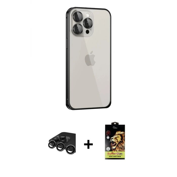 ieg™ iPhone 15 Pro Max Kılıf Eksen Form Serisi - Siyah Buffer Cam Ekran Koruyucu + Raze Metal Kamera Lens - TMGI