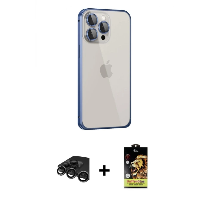 ieg™ iPhone 15 Pro Max Kılıf Eksen Form Serisi - Siyah Buffer Cam Ekran Koruyucu + Raze Metal Kamera Lens - TMGI