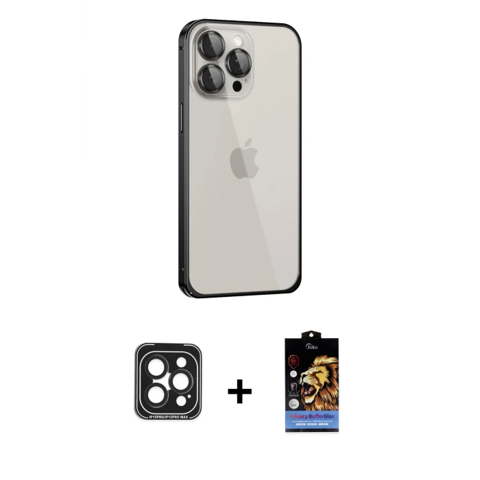 ieg™ iPhone 15 Pro Max Kılıf Eksen Form Serisi - Siyah Buffer Hayalet Cam Ekran Koruyucu + PVD Metal Kamera Lens - SH