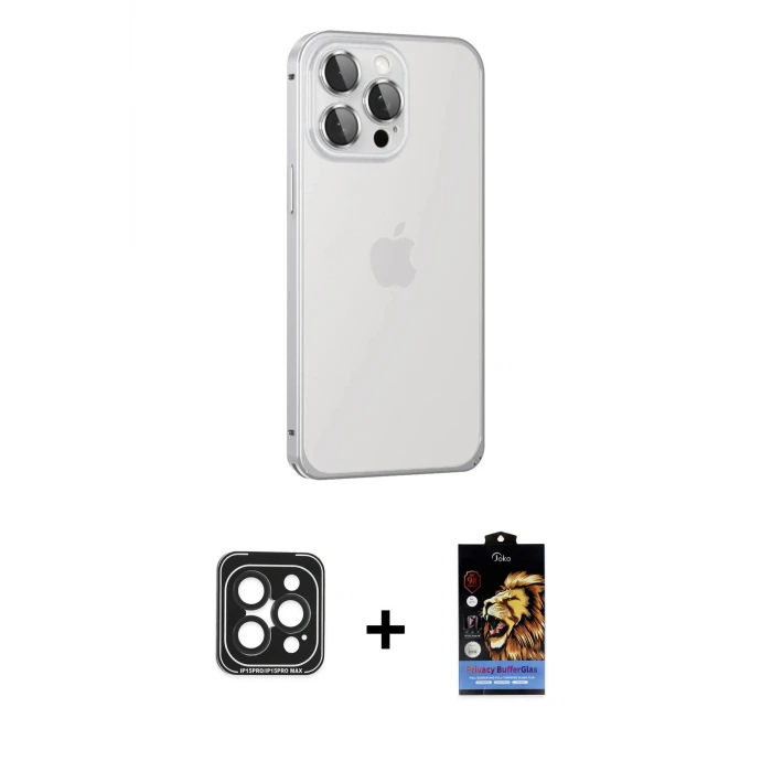 ieg™ iPhone 15 Pro Max Kılıf Eksen Form Serisi - Siyah Buffer Hayalet Cam Ekran Koruyucu + PVD Metal Kamera Lens - SH