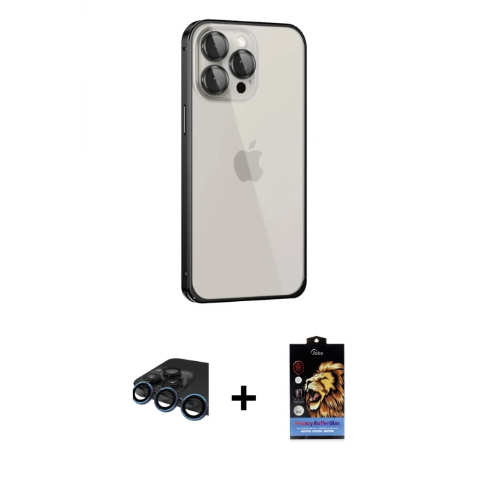 ieg™ iPhone 15 Pro Max Kılıf Eksen Form Serisi - Siyah Buffer Hayalet Cam Ekran Koruyucu + Raze Metal Kamera Lens - LT