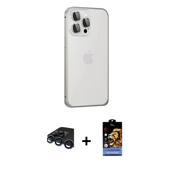 ieg™ iPhone 15 Pro Max Kılıf Eksen Form Serisi - Siyah Buffer Hayalet Cam Ekran Koruyucu + Raze Metal Kamera Lens - LT