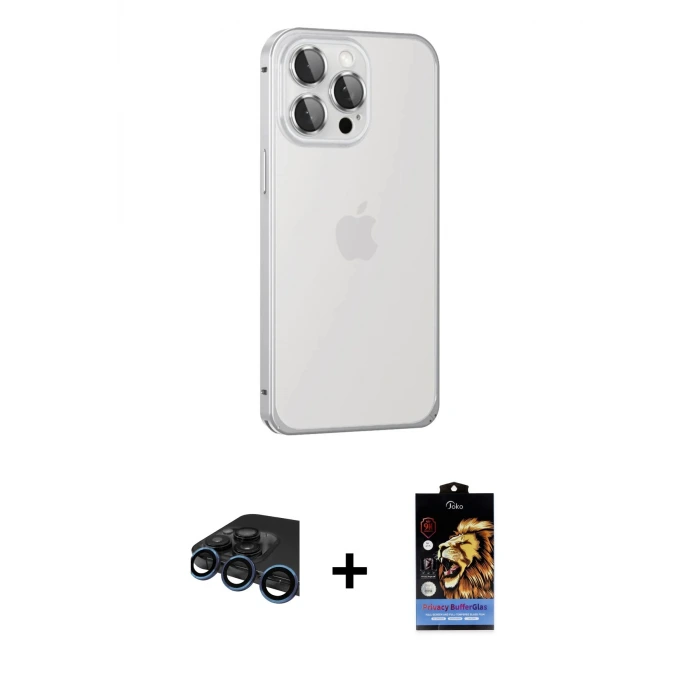 ieg™ iPhone 15 Pro Max Kılıf Eksen Form Serisi - Siyah Buffer Hayalet Cam Ekran Koruyucu + Raze Metal Kamera Lens - LT