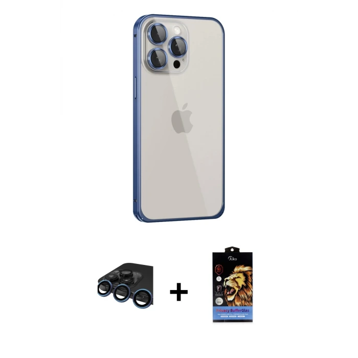 ieg™ iPhone 15 Pro Max Kılıf Eksen Form Serisi - Siyah Buffer Hayalet Cam Ekran Koruyucu + Raze Metal Kamera Lens - LT