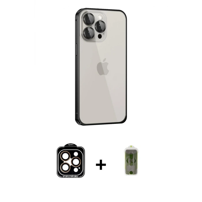 ieg™ iPhone 15 Pro Max Kılıf Eksen Form Serisi - Siyah Joko Magic 5D Hayalet Cam + PVD Metal Kamera Lens - TU