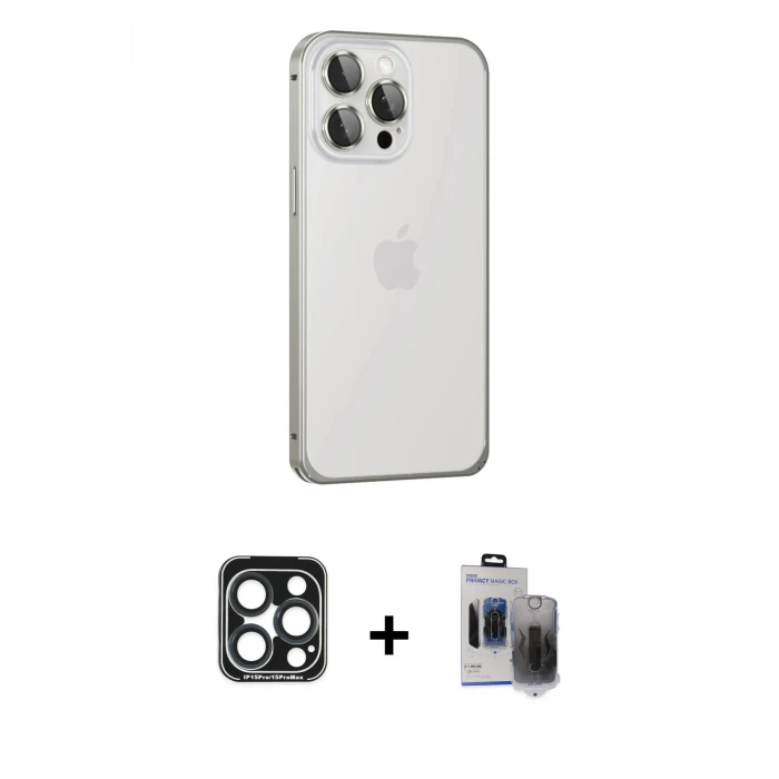 ieg™ iPhone 15 Pro Max Kılıf Eksen Form Serisi - Siyah Vanessa Magic Hayalet Cam + PVD Metal Kamera Lens - LT