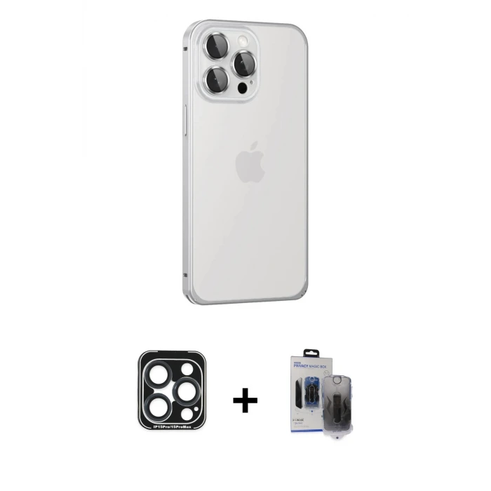 ieg™ iPhone 15 Pro Max Kılıf Eksen Form Serisi - Siyah Vanessa Magic Hayalet Cam + PVD Metal Kamera Lens - LT