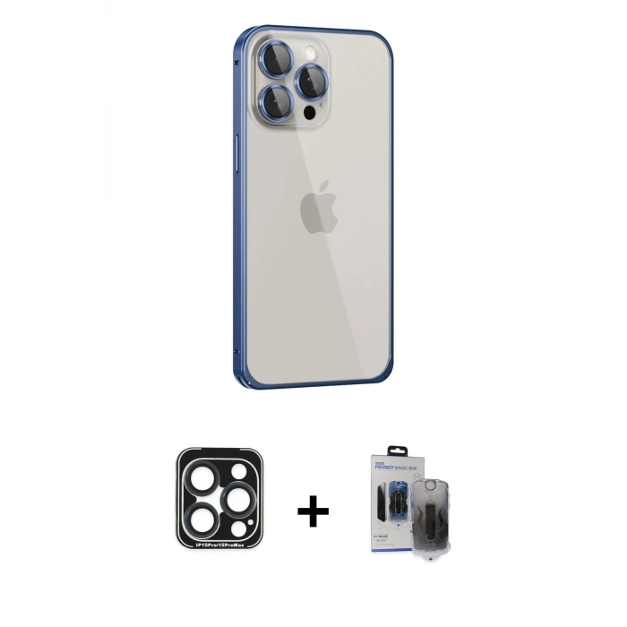 ieg™ iPhone 15 Pro Max Kılıf Eksen Form Serisi - Siyah Vanessa Magic Hayalet Cam + PVD Metal Kamera Lens - LT