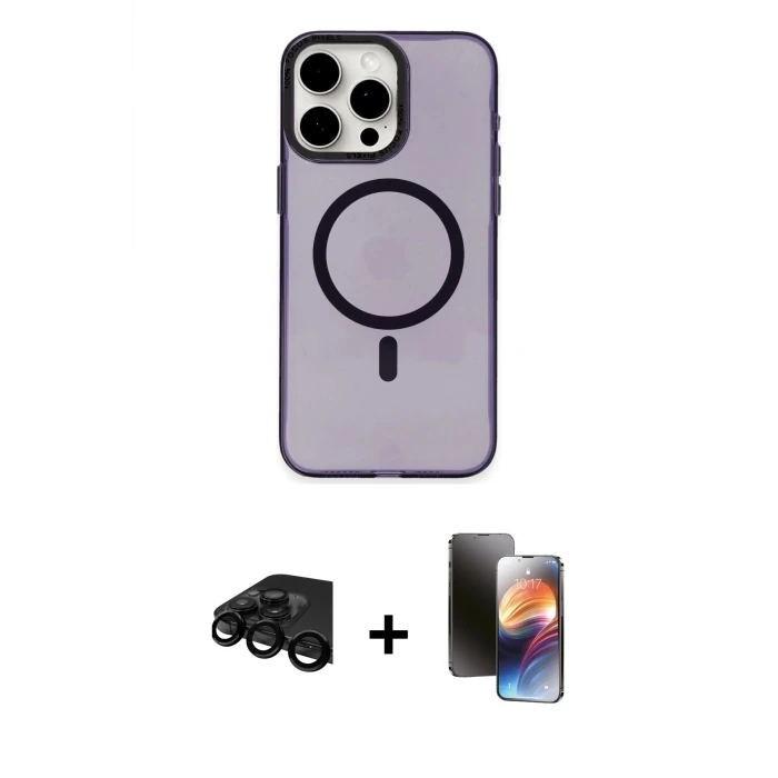 ieg™ iPhone 15 Pro Max Kılıf Eksen Işık Prime - Siyah 3D Antistatik Mat Seramik Nano Ekran Koruyucu + Raze Metal Kamera Lens - SH